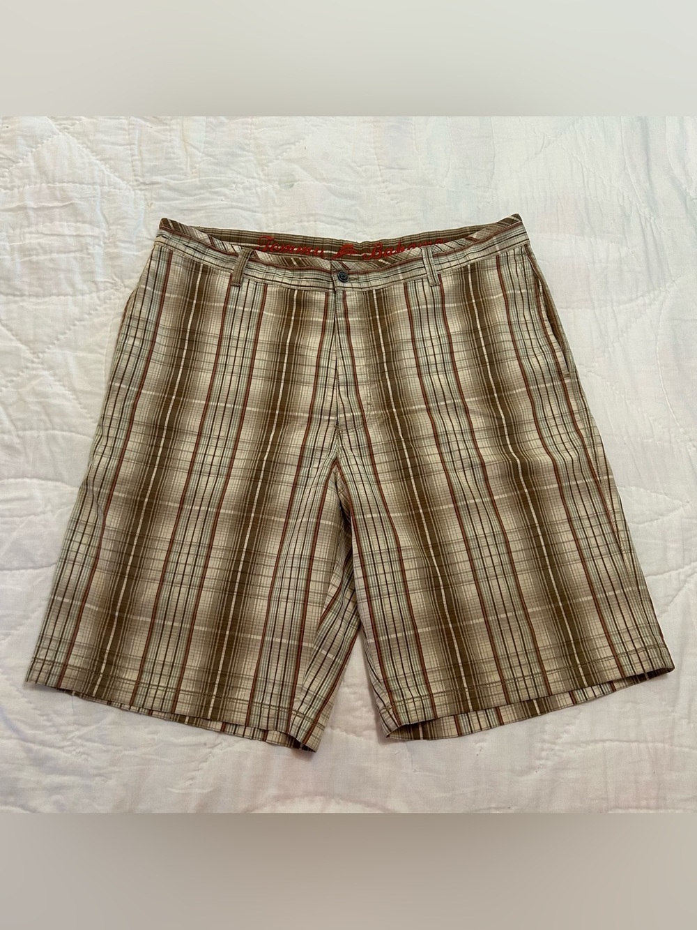 Tommy Bahama Silk Blend Shorts Men 38 Brown Plaid Preppy Beach Coastal Old Money